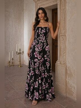 Free People Garden Party Black Floral Maxi Dress Pink Purple Blossoms Large L